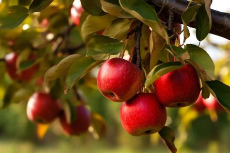 Premium AI Image Organic Apples Hanging From A Tree Branch In An