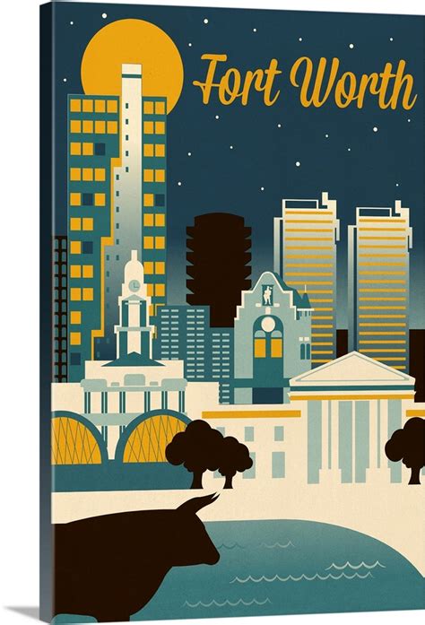 Fort Worth Texas Retro Skyline Series Wall Art Canvas Prints
