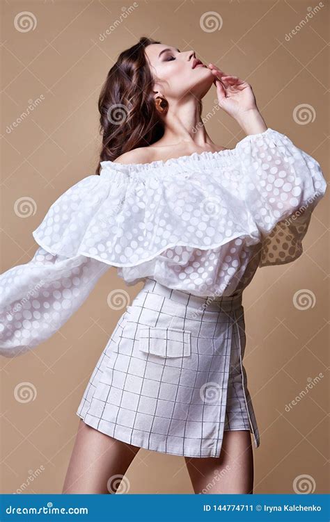 Beautiful Woman Fashion Glamour Model Brunette Hair Makeup Wear Blouse Trousers Skinny Shorts