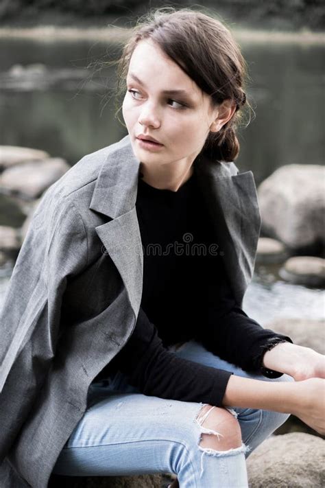 Portrait Of A Beautiful Long Haired Brunette In The Forest Stock Photo Image Of Long Color