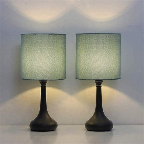 Modern Nightstand Lamps Set Of 2 With Black Metal Base And Light Blue Fabric Shade