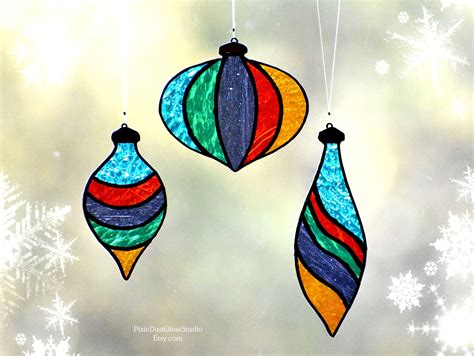 Stained Glass Christmas Ornaments Christmas Bulb Suncatchers 3pc Set Christmas Decor Holiday