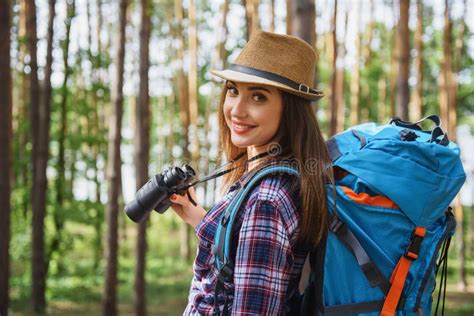 Pretty Female Tourist Traveling In Nature Stock Image Image Of Smiling Journey 74739503