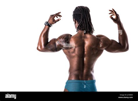 Back Of African American Bodybuilder Man Naked Muscular Torso Wearing