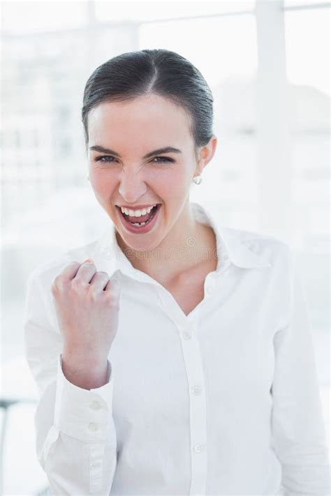 Cheerful Businesswoman Cheering In Office Stock Image Image Of Happy