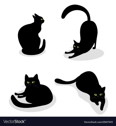 Four Black Cats With Green Eyes On White Background