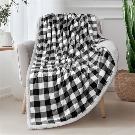 Pavilia Black And White Buffalo Plaid Sherpa Fleece Throw