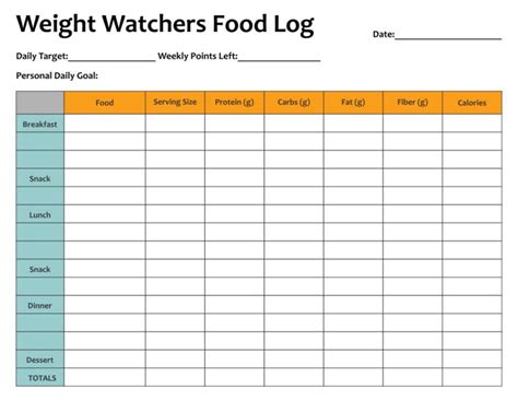 Printable Weight Watchers Sheets Printable JD