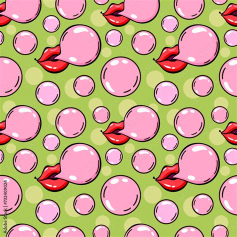 Lips Blowing Bubble Gum Seamless Pattern 70s 80s 90s Vibes Funky