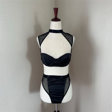 Yandy Intimates Sleepwear Yandy Black Satin And Fishnet Bra And Panty Sexy Lingerie Set