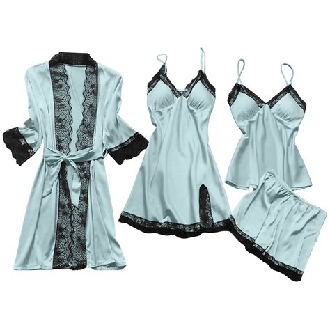 Brnmxoke Women Silk Satin Pajamas Set 4pcs Lingerie Sleepwear Women S Solid Color Nightgown