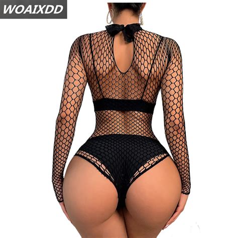 Sexy Body Stocking Fishnet Bodysuit Long Sleeve Lace Lingerie Dress Bodystocking Night Club