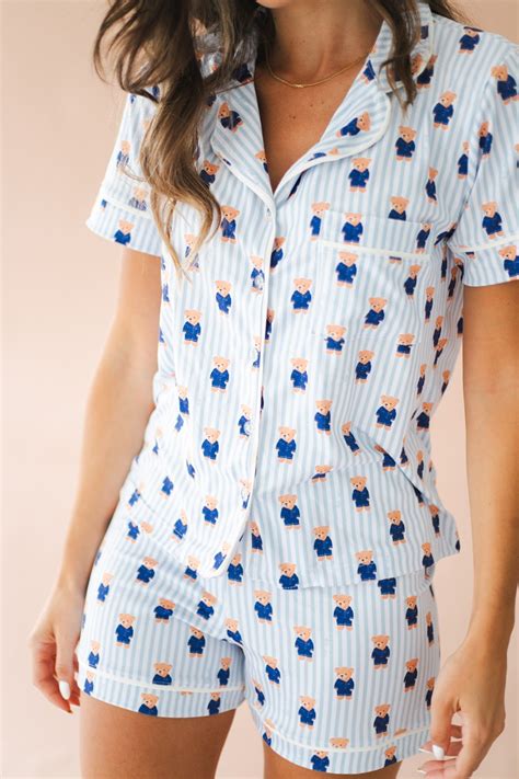 Pijama Feminino Americano Curto Agda Ursos Listrado Azul Tutti Ami