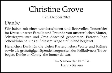 Traueranzeigen Von Christine Grove Trauer Anzeigen De