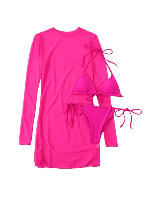 Lsfyszd Women Pieces Swimsuit Set Solid Color Halterneck Bikini Bra And G String See Through