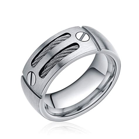 Mens Silver And Black Titanium Ring With Cable Inlay 8mm Black Titanium Ring Titanium Rings