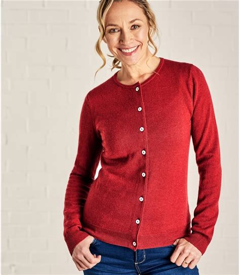 Red Womens Cashmere Merino Luxurious Crew Neck Cardigan Woolovers Au