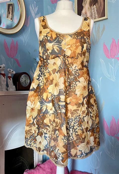 Vintage S S Baby Doll Nightie Night Dress Brown Floral Nightwear Lingerie Etsy