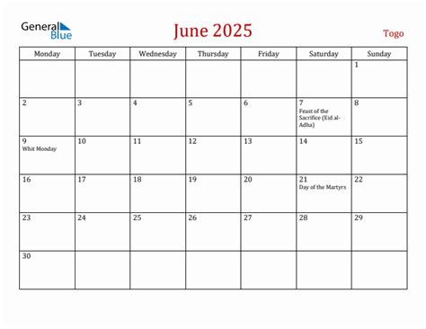 June 2025 - Togo Monthly Calendar with Holidays