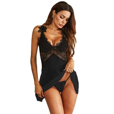 Sexy En Dentelle Femme Lingerie Semi Transparent Chemises De Nuit Col V Robe Sensuelle Vêtements
