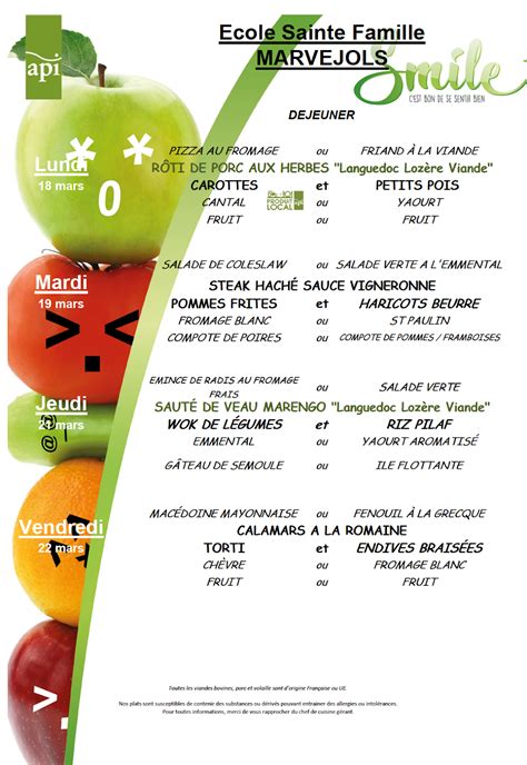 École Sainte Famille Menus de la cantine