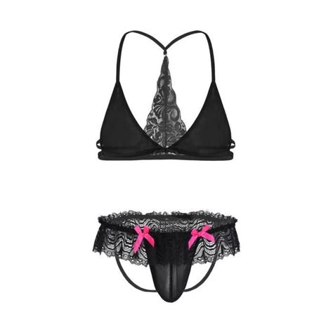 YIZYIF Ensemble Lingerie Sissy Homme Sexy Dentelle Soutien Gorge G String Ouvert Fesse Nue M