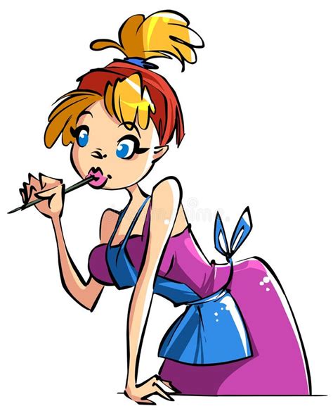Cute Cartoon Girl Blonde In An Apron Bit Her Pen Stock Vector Illustration Of Kitchen Clipart