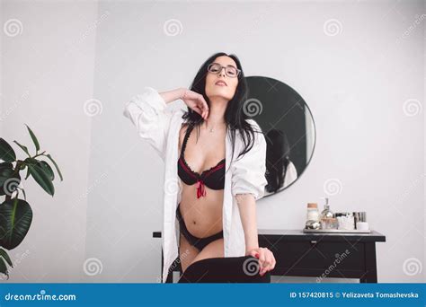 Fashion Luxury Lady In Man Shirt Beauty Woman In Lingerie And Shirt Posing At Bedroom Near