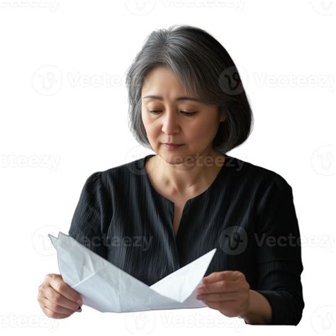 Focused senior woman folding white paper into origami with concentration, on a transparent ...