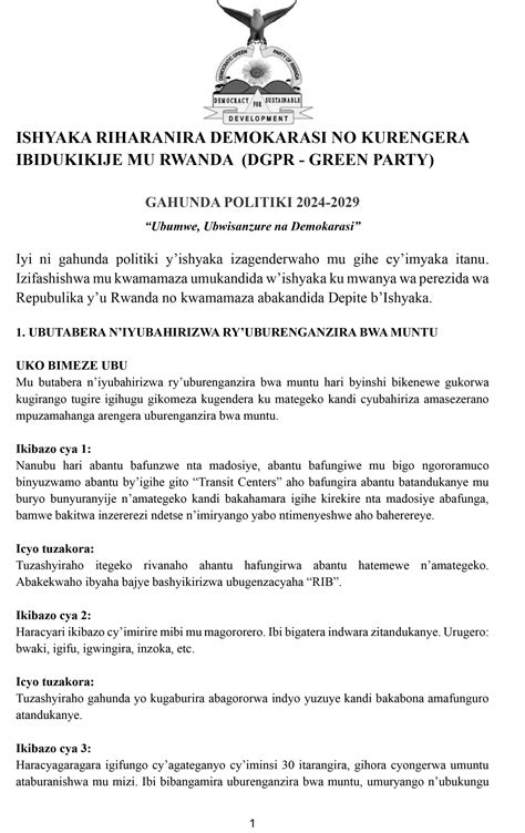 GAHUNDA POLITIKI – MANIFESTO YA DGPR KUVA 2024-2029 - Rwanda Green Democrats