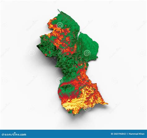 Guyana Map With The Flag Colors Red Green And Yellow Shaded Relief Map