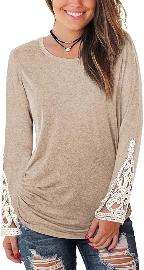 Wiholl Long Sleeve Shirts For Women Casual Round Neck Lace Ruched Tunic Tops In 2022 Types Of