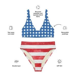 Retro Red White Blue High Waisted Bikini Set Nautical Recycled Bikini Pin Up Style