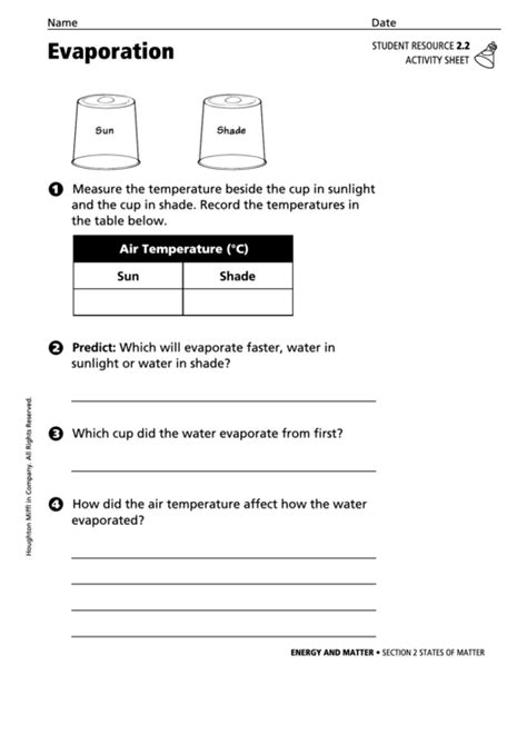 Evaporation Physics Worksheet printable pdf download 