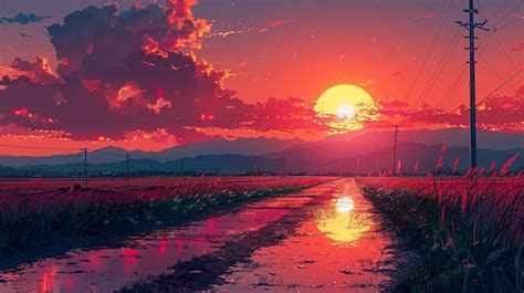 Premium Photo Sunset Meadow Anime Landscape Wallpaper