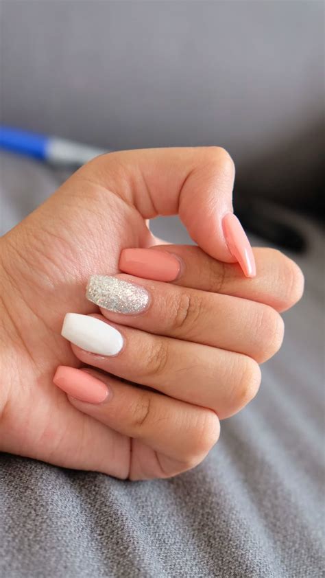 Acrylic Pinkie Nude White And Glittery Nail Pink Tip Nails One Glitter Nails Pink White Nails