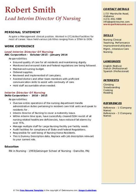 Interim Director Of Nursing Resume Samples Qwikresume