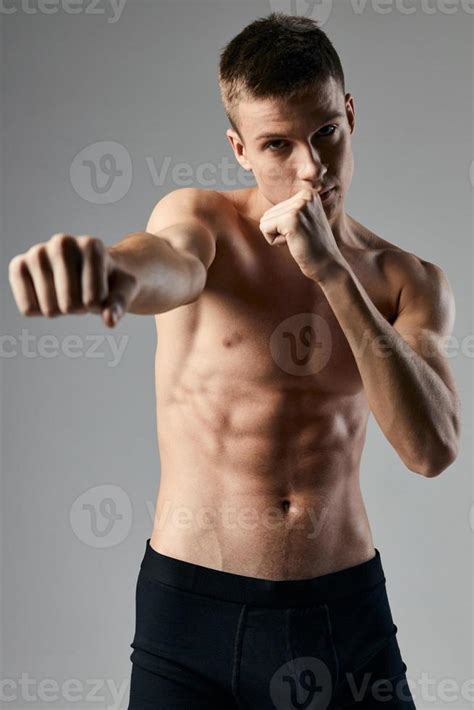 Boxer On A Gray Background Naked Torso Cubes On The Stomach Bodybuilder 22313041 Stock Photo At