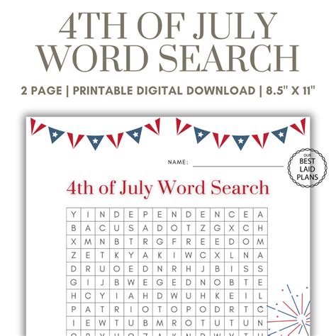4th of July Word Search Printable Fourth of July Word Find PDF