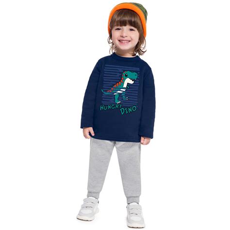 CONJUNTO INFANTIL MANGA LONGA MOLETOM DINOSSAURO MASCULINO BRANDILI REF