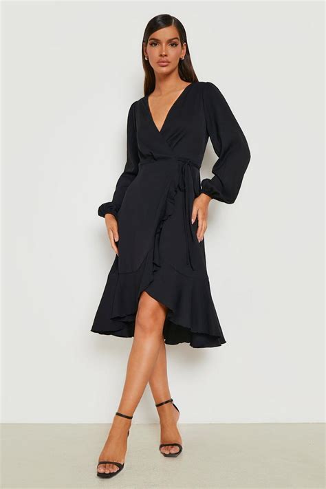 Crepe Ruffle Wrap Midi Skater Dress Boohoo