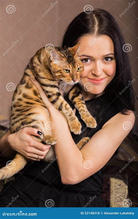 Beautiful Brunette With A Cat Stock Photo Image Of Fluffy Adult 52148318