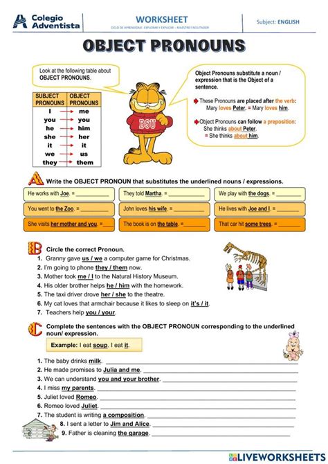 The Worksheet For An Object Pronouns Worksheet Is Shown