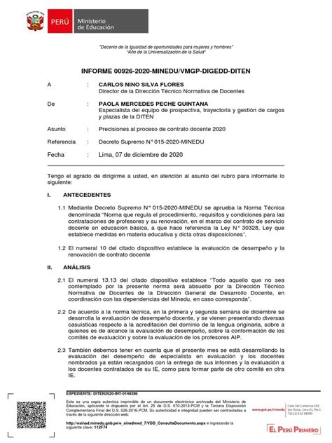 Inf 0926 2020 Diten Precisiones Al Proceso De Contratación Docente Para