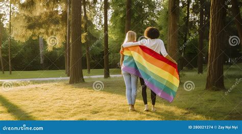 Two Lesbian Girls Wrapped In Rainbow Flag Concept Of LGBT Pride AI Generated Stock