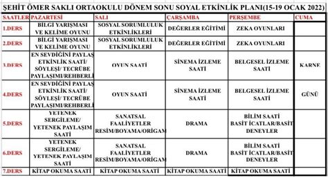 SOSYAL ETKİNLİK HAFTASI PLANI Şehit Ömer Saklı Ortaokulu