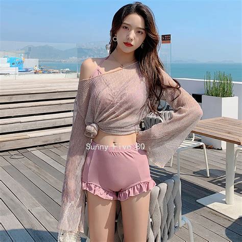 Bikini Set Coverup Korean Swimsuit Piece Bikinis Cover Ups Swim Solid