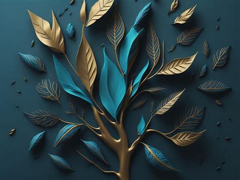 premium ai image  render abstract tree  gold leaves   blue