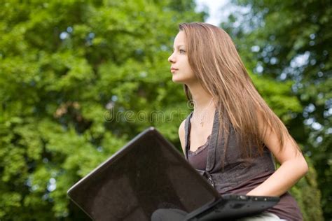 Brunette Cutie And Her Laptop Stock Photo Image Of Park Sunlight