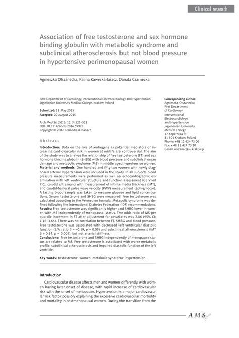 Pdf Association Of Free Testosterone And Sex Hormone Binding Globulin With Metabolic Syndrome